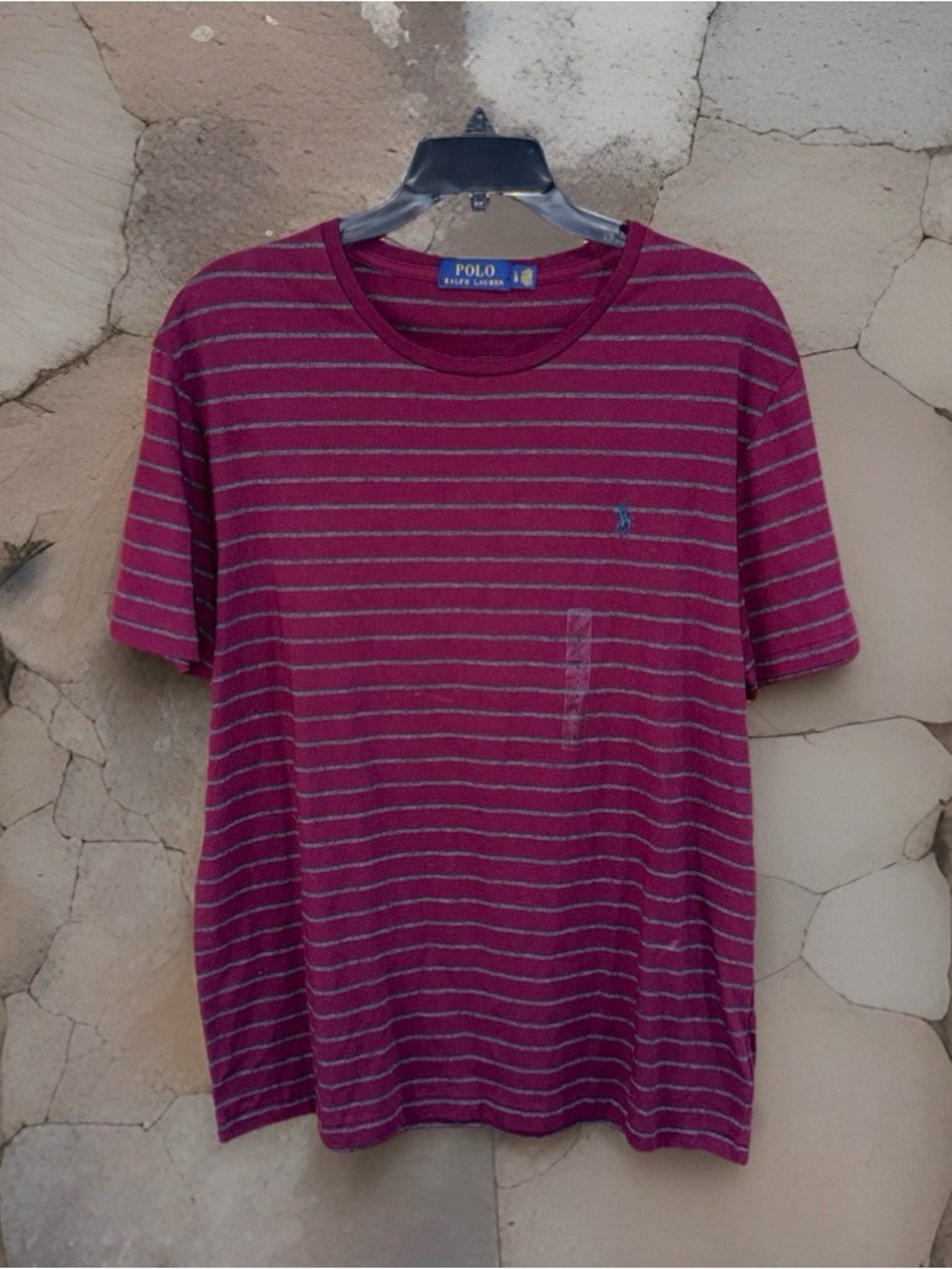 NwoT Polo by Ralph Lauren Men’s Striped Crew Neck Tee in Maroon and Gray-L